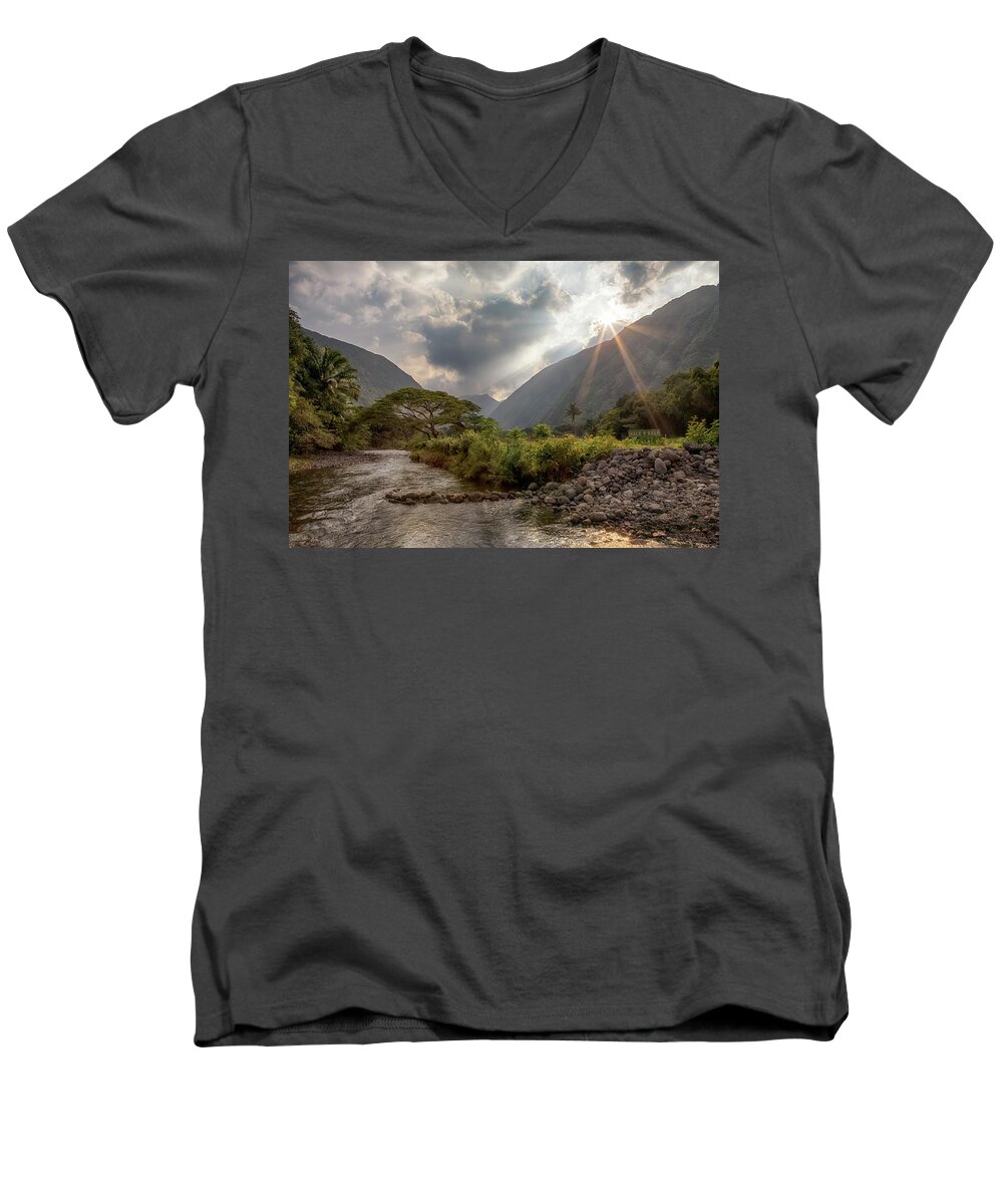 Waipio Valley Men's V-Neck T-Shirt featuring the photograph Crossing Hiilawe Stream by Susan Rissi Tregoning