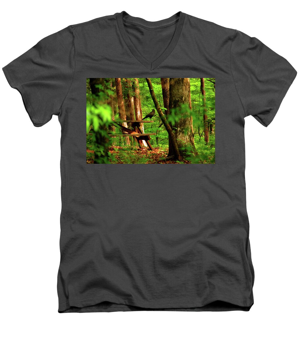Crow Men's V-Neck T-Shirt featuring the photograph Crow on a table by Andy Lawless