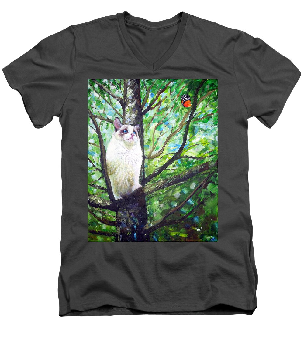 Art Men's V-Neck T-Shirt featuring the painting Curious Cat by Shirley Wellstead