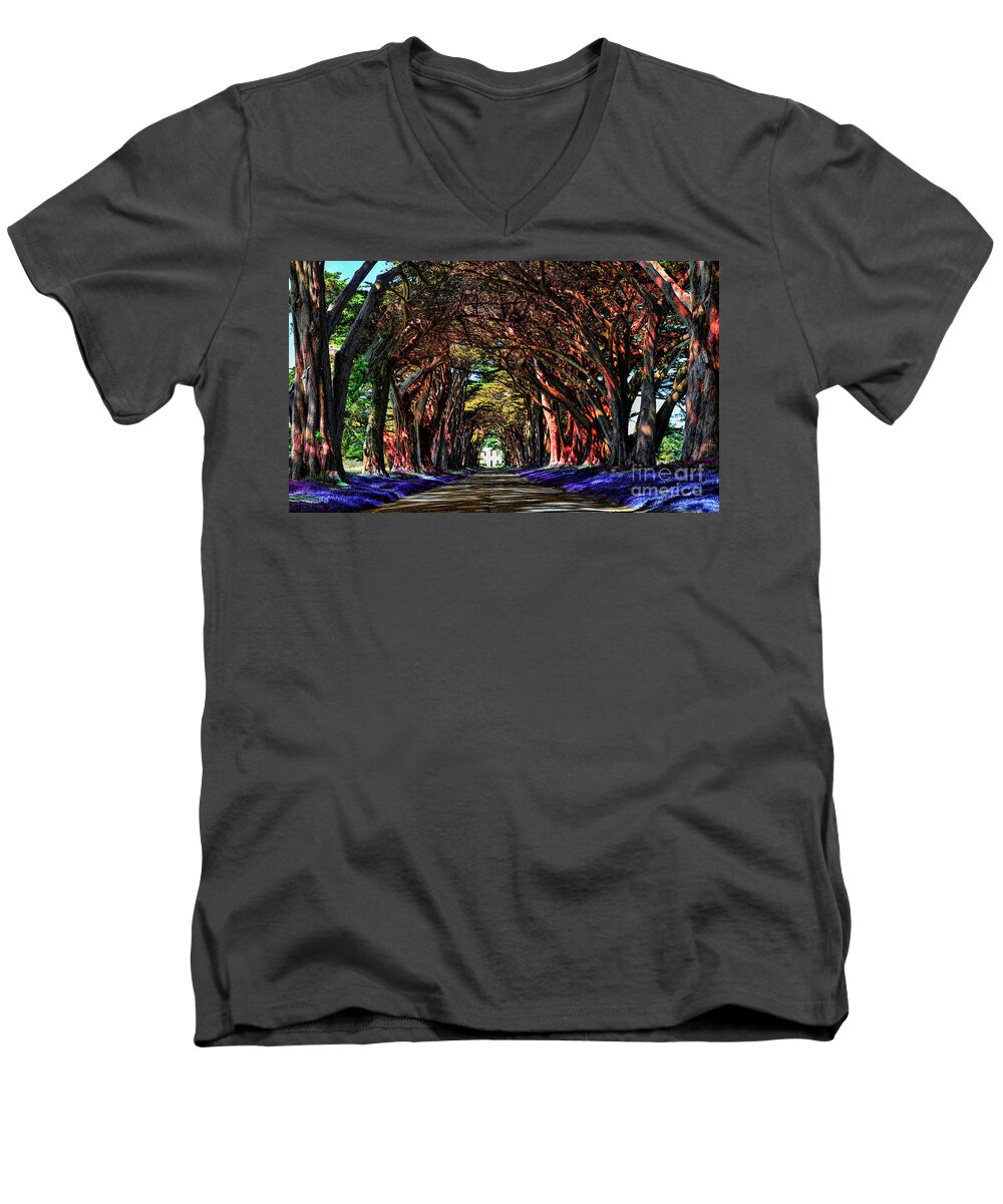 Cypress Tree Men's V-Neck T-Shirt featuring the digital art Cypress Tree Tunnel by Jason Abando