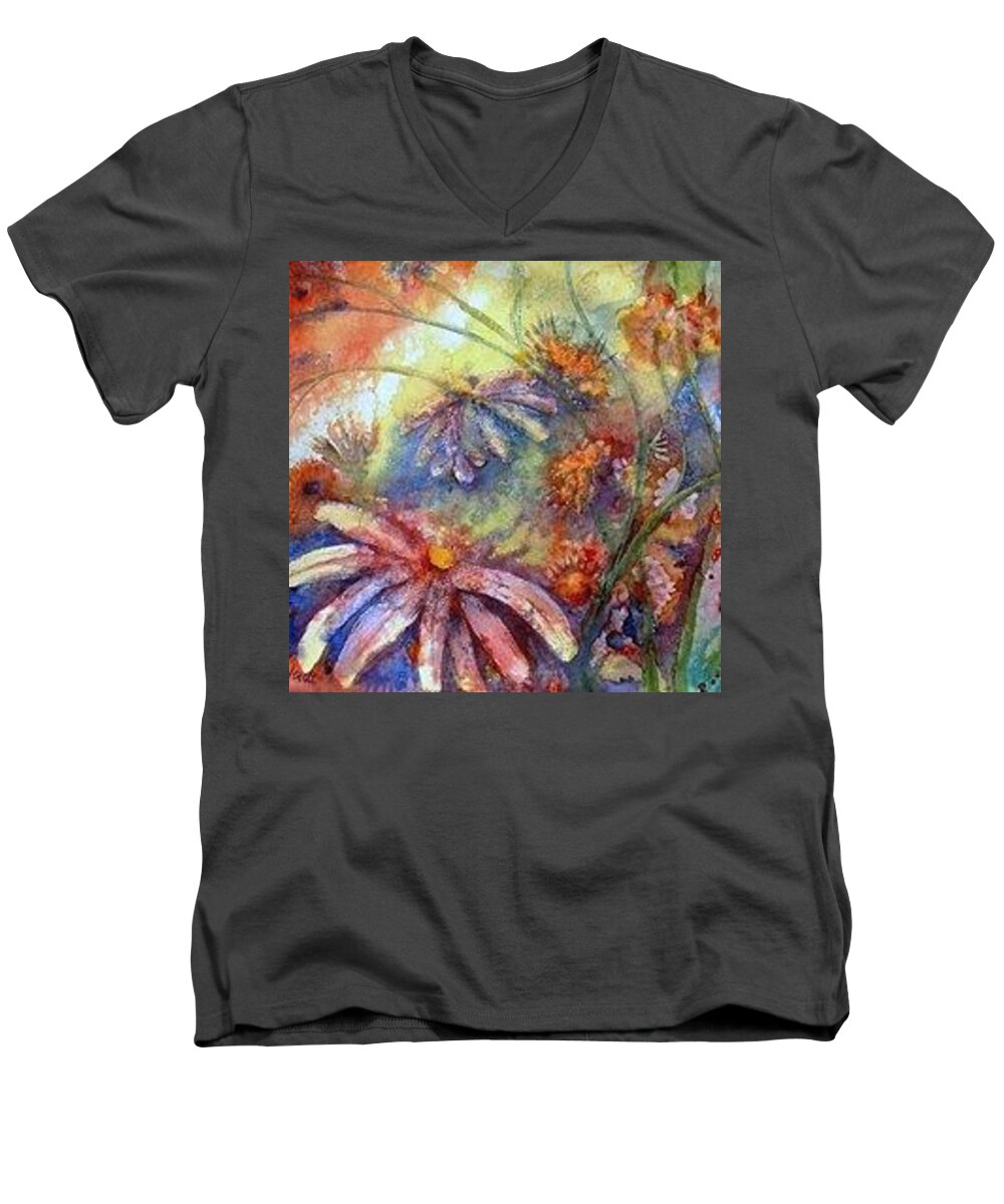 Watercolor Men's V-Neck T-Shirt featuring the painting Daisy Blues by Renate Wesley