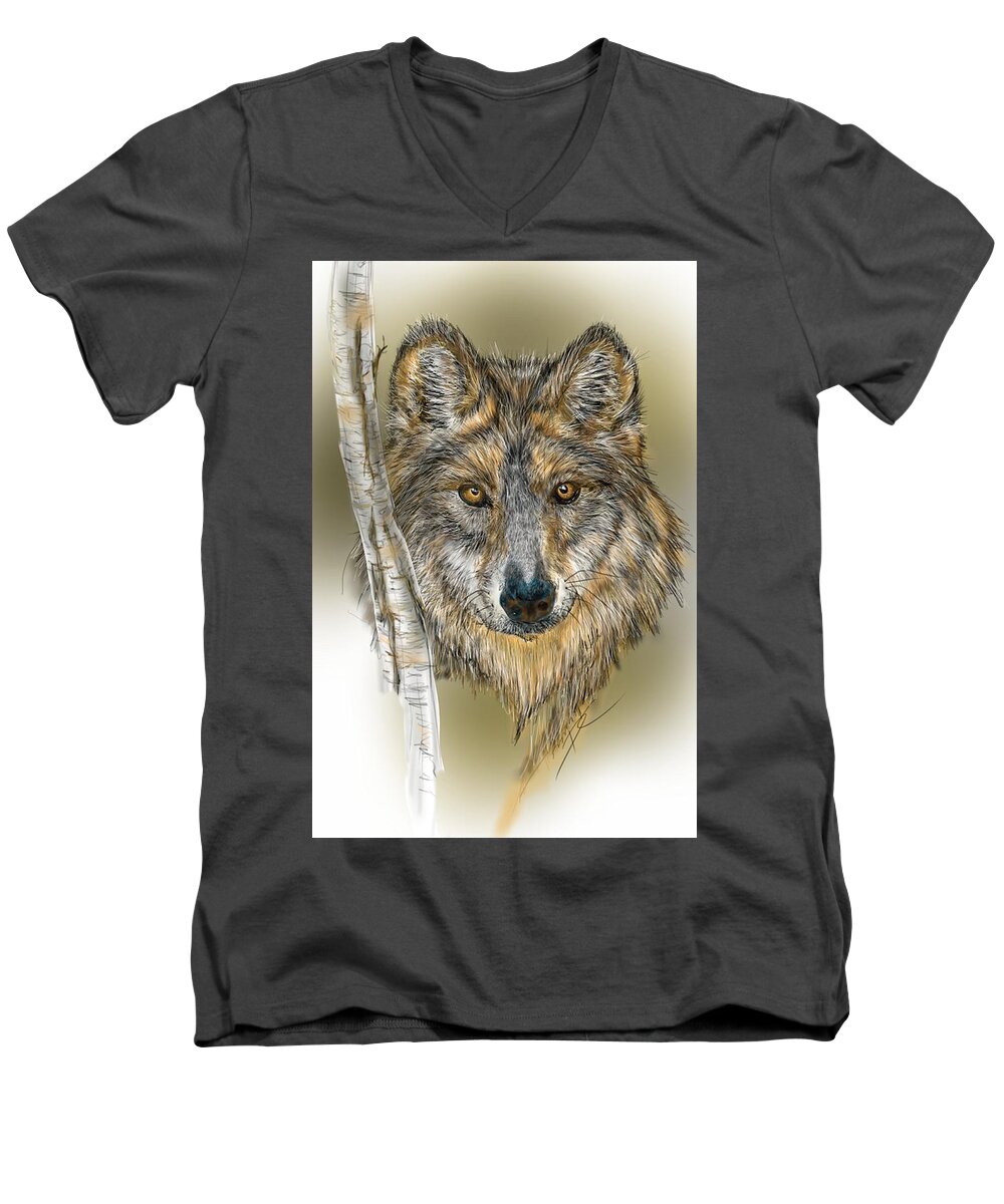 Wolf Men's V-Neck T-Shirt featuring the digital art Dark Wolf with Birch by Darren Cannell