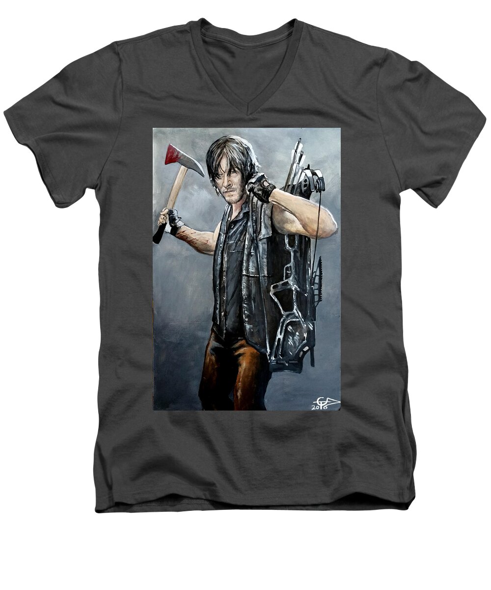 Walking Dead Men's V-Neck T-Shirt featuring the painting Daryl With Axe by Tom Carlton