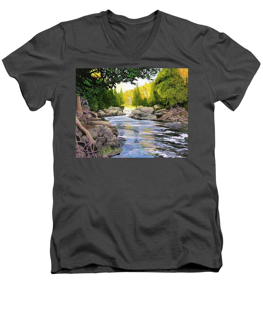 River Men's V-Neck T-Shirt featuring the painting Dawn On the River by Lynn Hansen