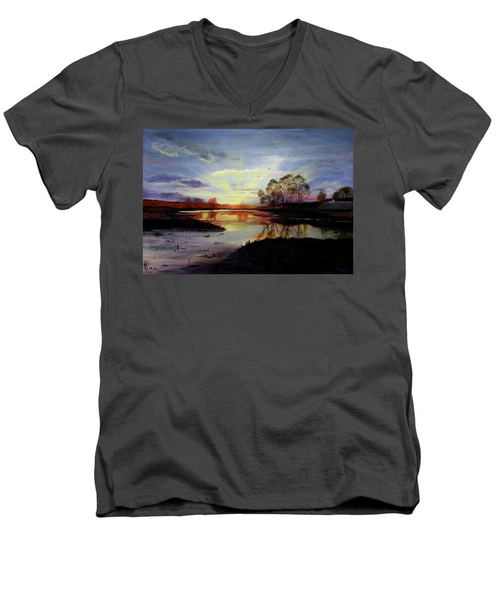 Sunrise Men's V-Neck T-Shirt featuring the painting Dawn by Nila Jane Autry