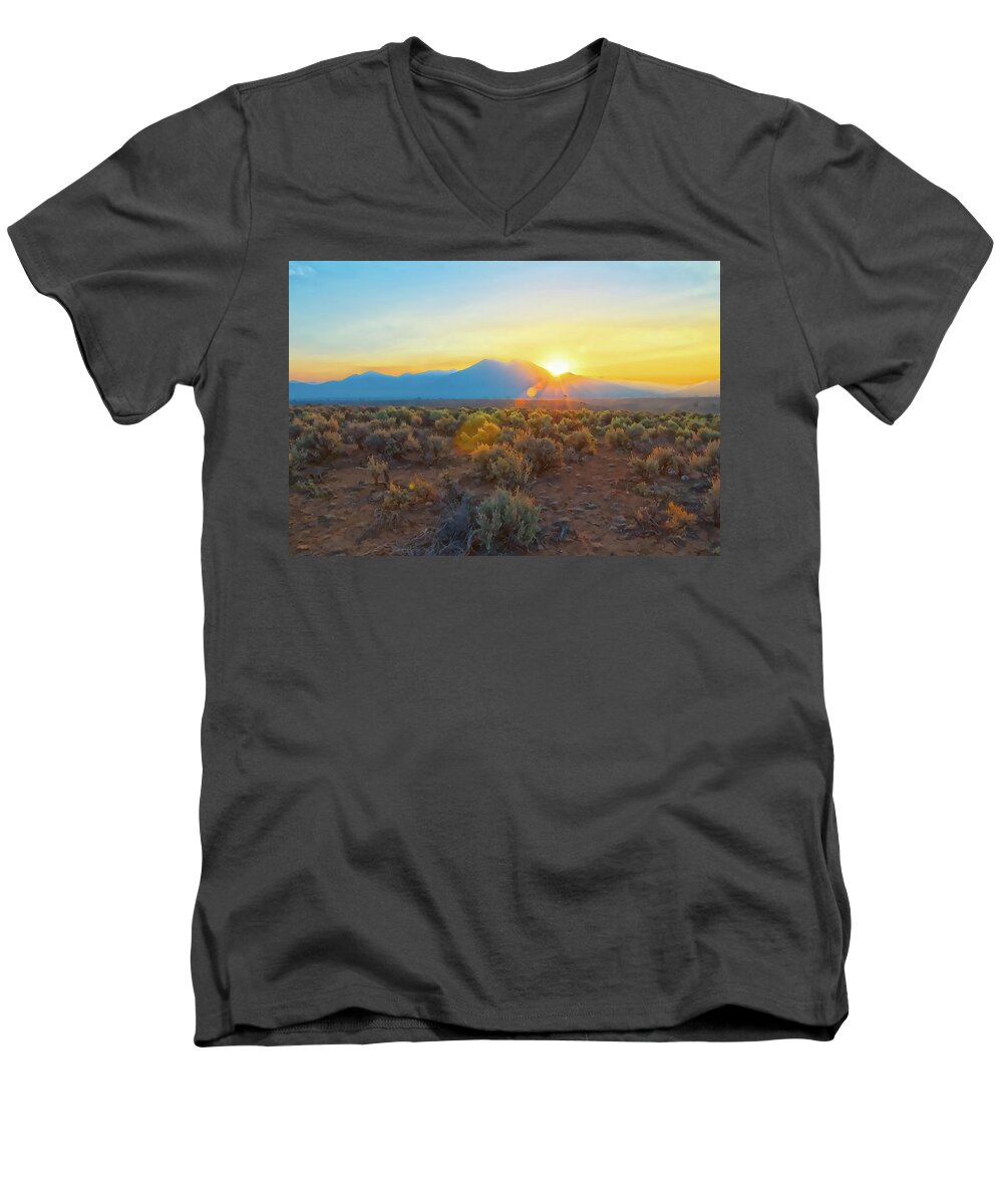  Dawn Men's V-Neck T-Shirt featuring the photograph Dawn over magic Taos mountain by Charles Muhle
