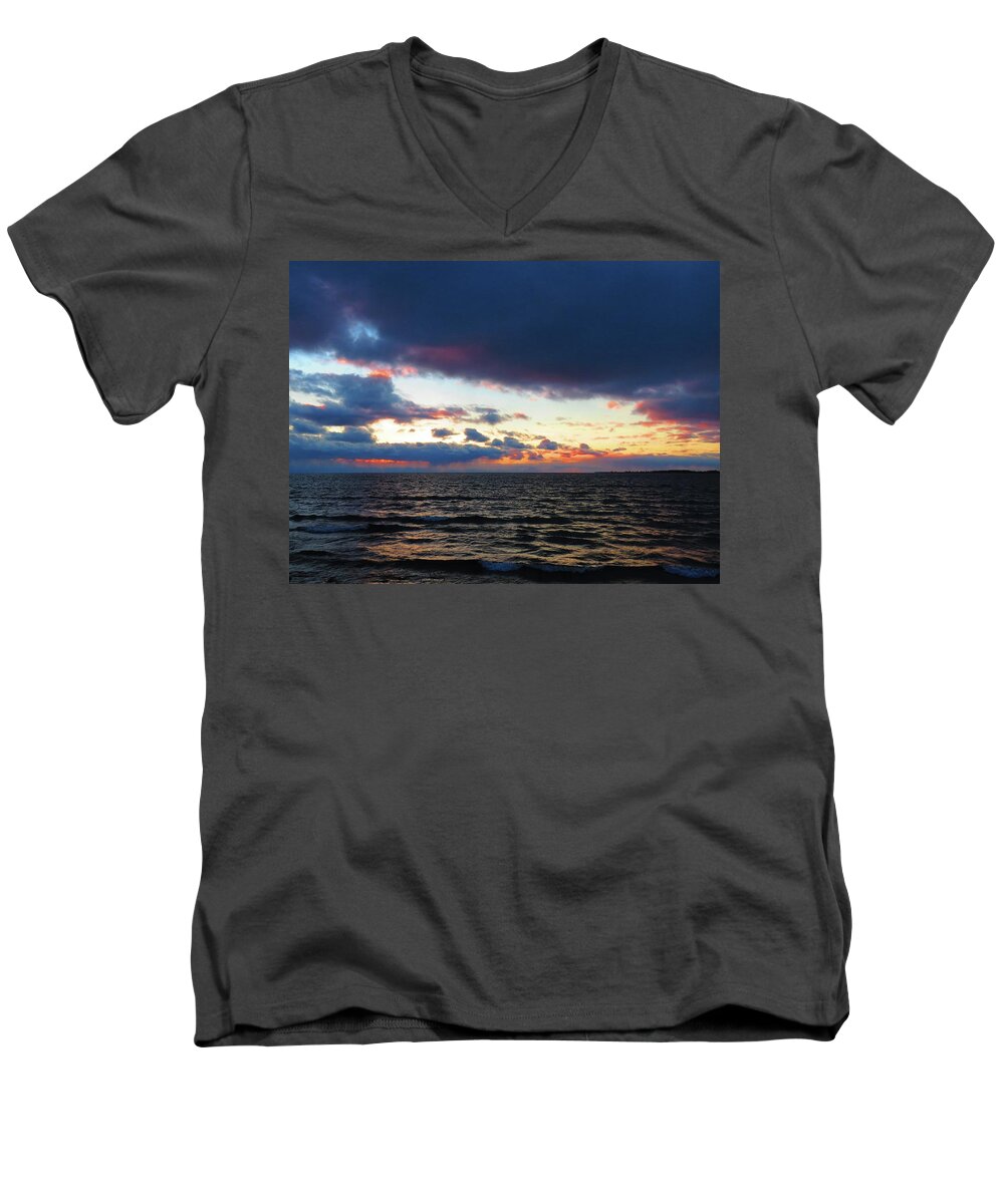 Thousand Islands Men's V-Neck T-Shirt featuring the photograph December sunset, Wolfe Island, Ca. View from Tibbetts Point Lighthouse by Dennis McCarthy