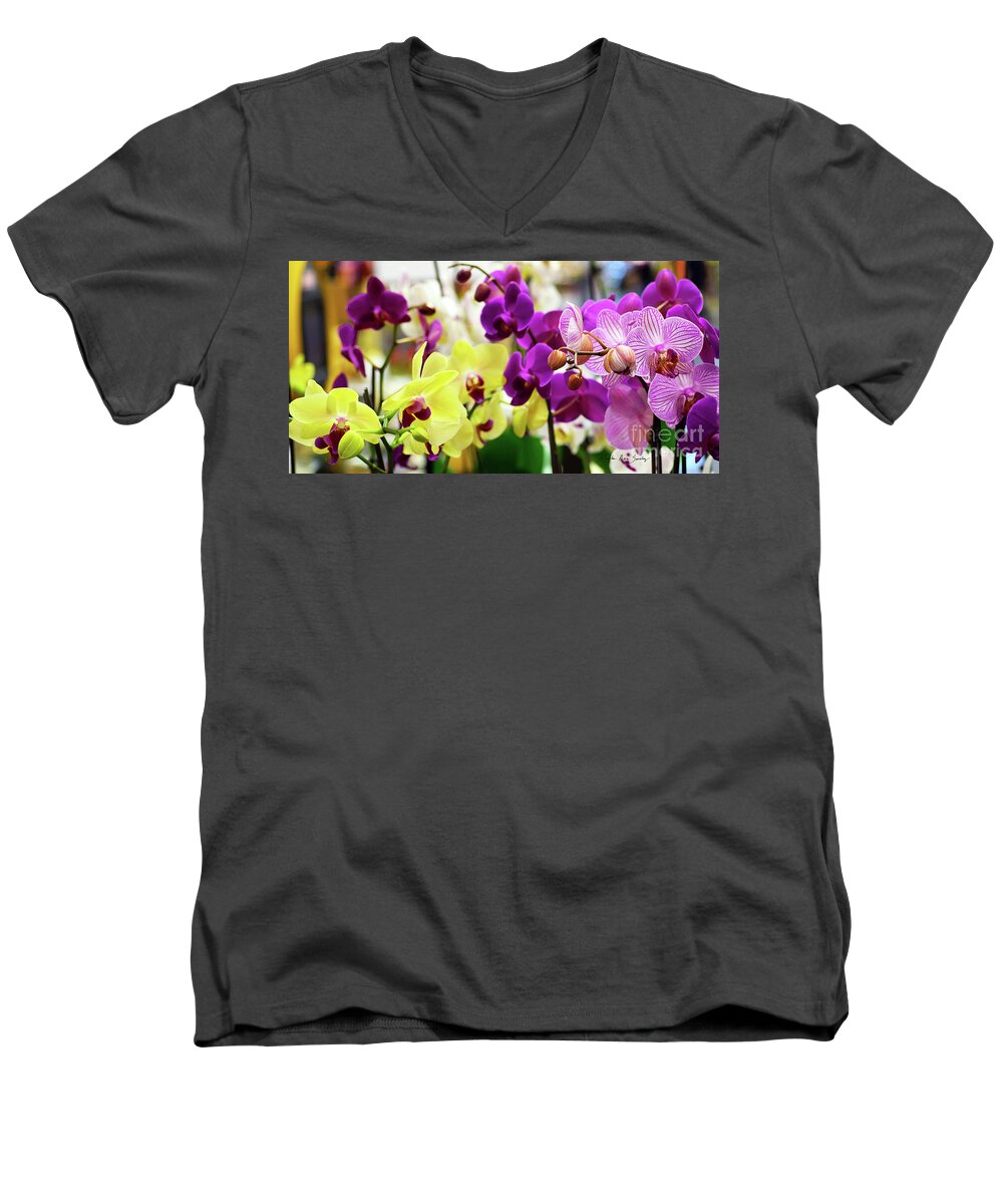 Decorative Men's V-Neck T-Shirt featuring the photograph Decorative Orchids Still life C82418 by Mas Art Studio