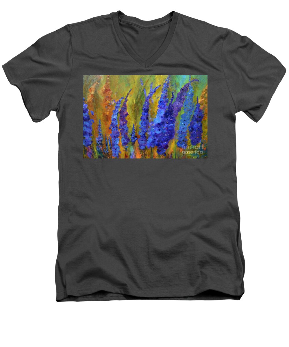 Delphiniums Men's V-Neck T-Shirt featuring the painting Delphiniums by Claire Bull