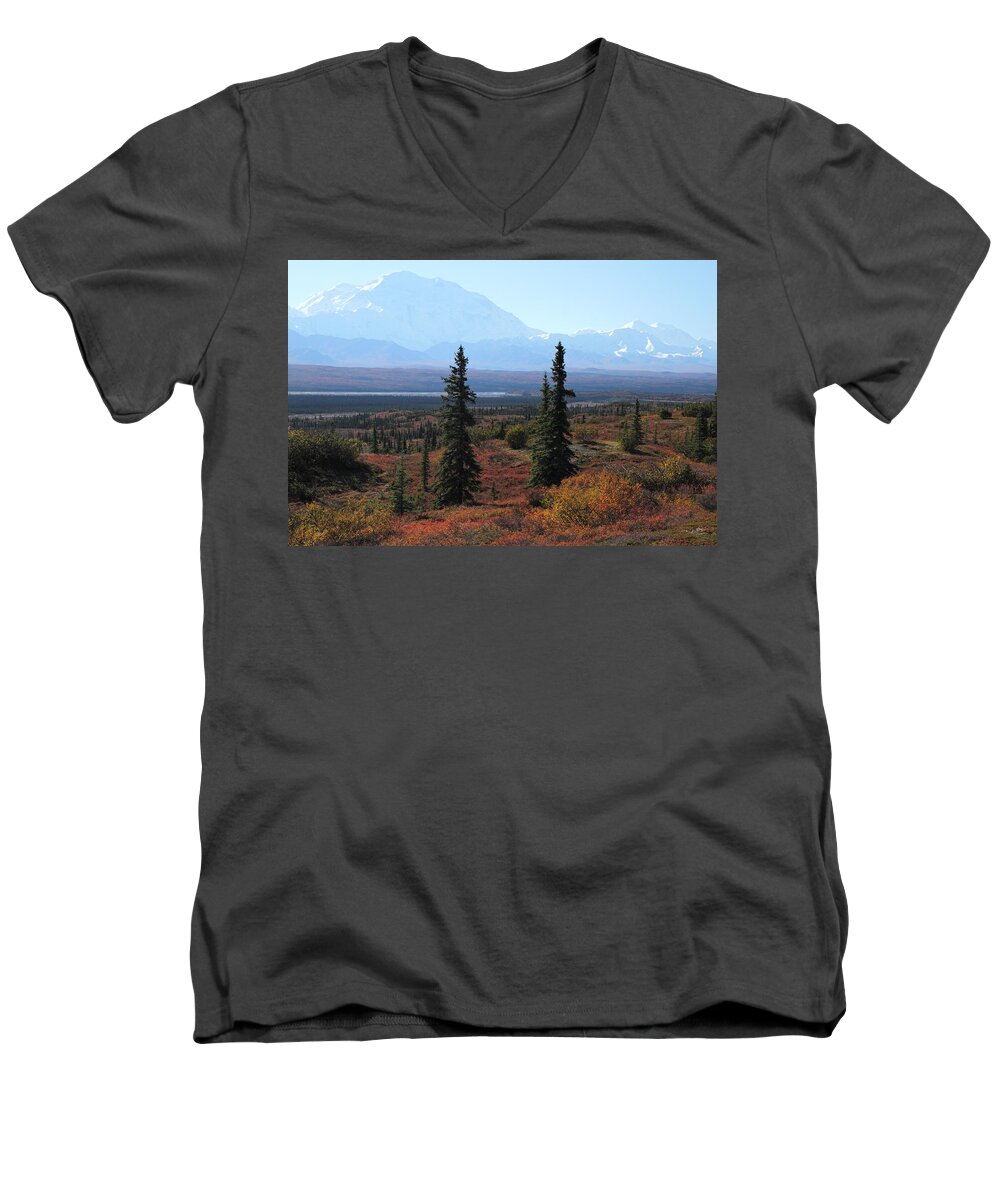 Denali Men's V-Neck T-Shirt featuring the photograph Denali From Near Wonder Lake by Steve Wolfe