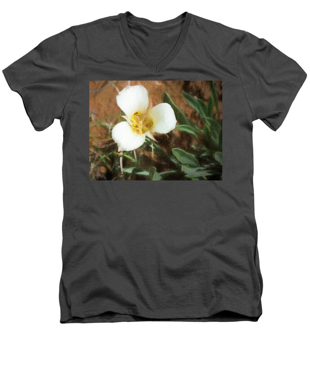 Flowers Men's V-Neck T-Shirt featuring the painting Desert Mariposa Lily by Penny Lisowski