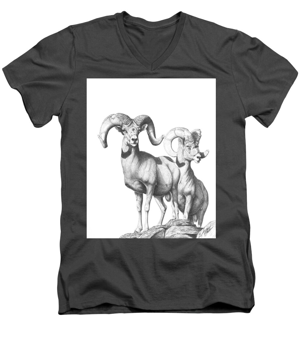 Desert Bighorn Rams Men's V-Neck T-Shirt featuring the drawing Desert Sentinels by Darcy Tate
