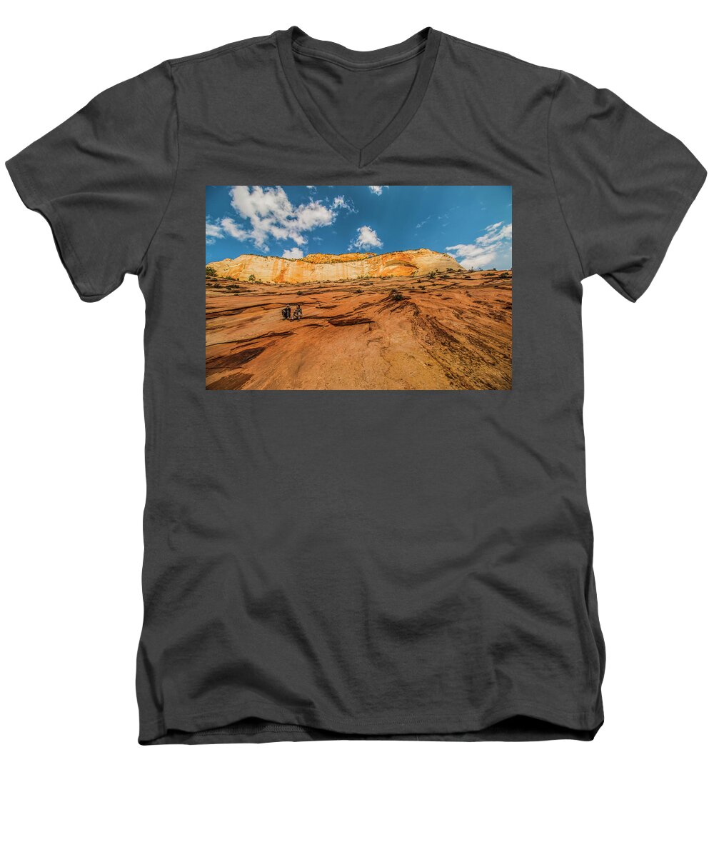 Zion Men's V-Neck T-Shirt featuring the photograph Desert Solitaire with a Friend by Doug Scrima