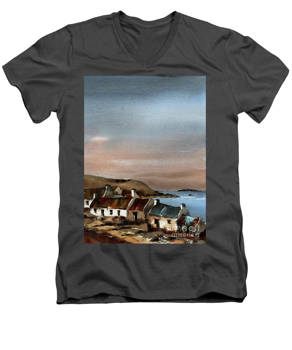  Men's V-Neck T-Shirt featuring the painting Deserted Village, Blasket Mor, Kerry by Val Byrne