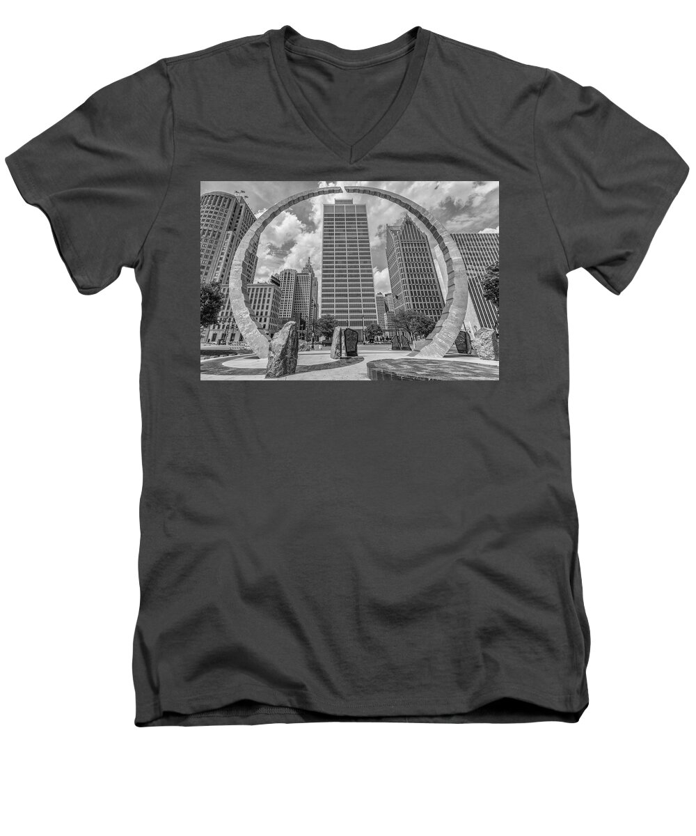 City Of Detroit. Motor City Men's V-Neck T-Shirt featuring the photograph Detroit Hart Plaza and Cityscape by John McGraw