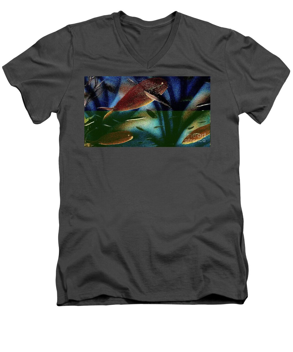 Abstract Fish Ocean Beach Men's V-Neck T-Shirt featuring the mixed media Digi Reef by James and Donna Daugherty