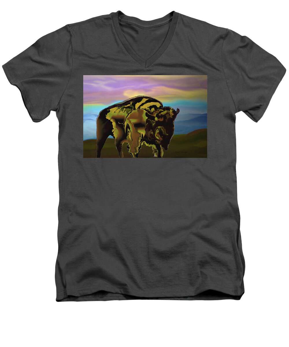 Bison Men's V-Neck T-Shirt featuring the digital art Montana Bison 2 by Kae Cheatham