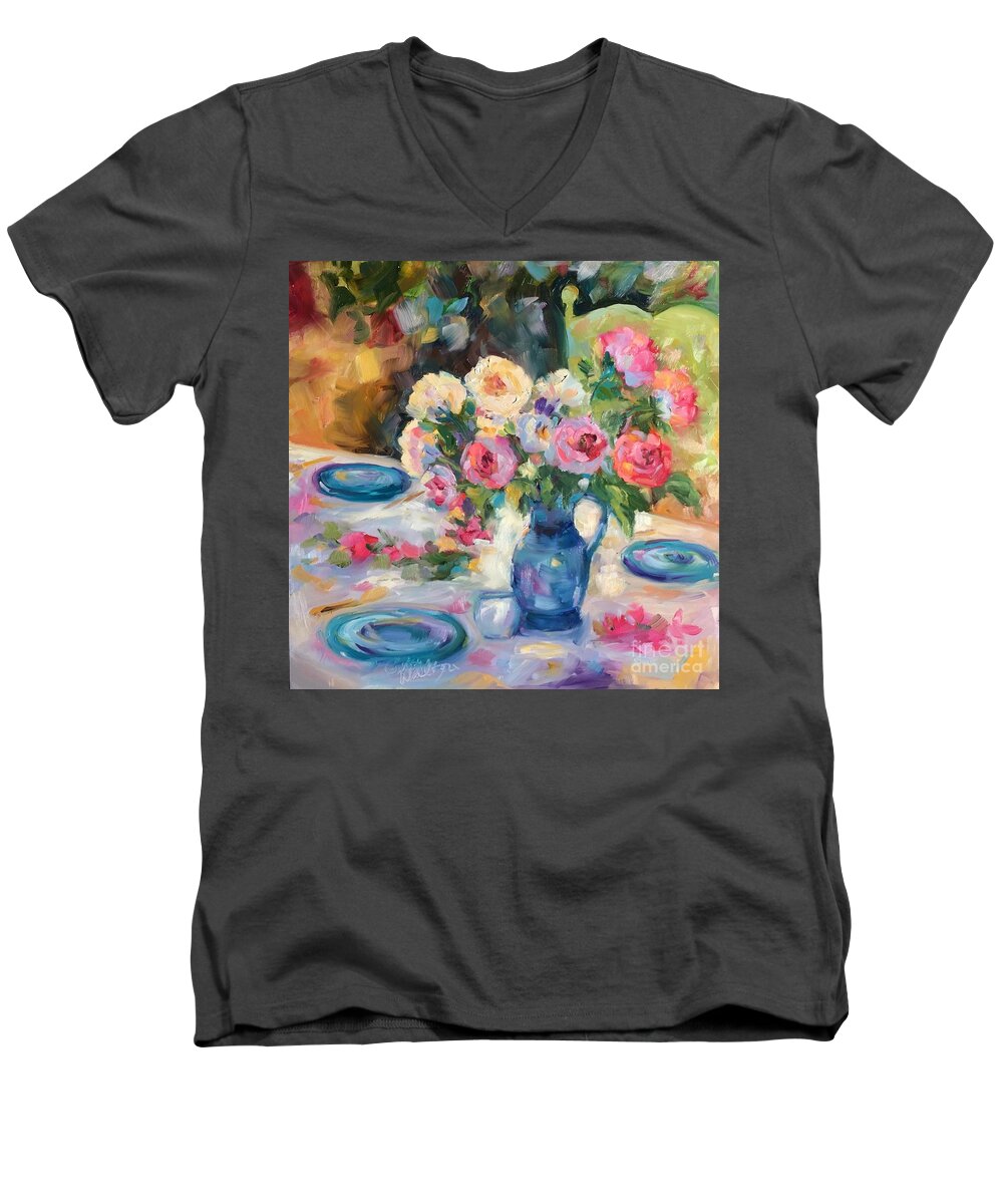Roses Men's V-Neck T-Shirt featuring the painting Dining Alfresco by Patsy Walton