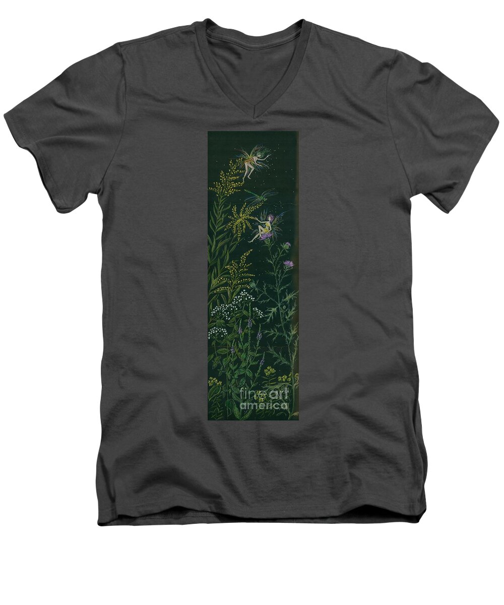 Fairy Men's V-Neck T-Shirt featuring the drawing Ditchweed Fairies Goldenrod and Thistle by Dawn Fairies