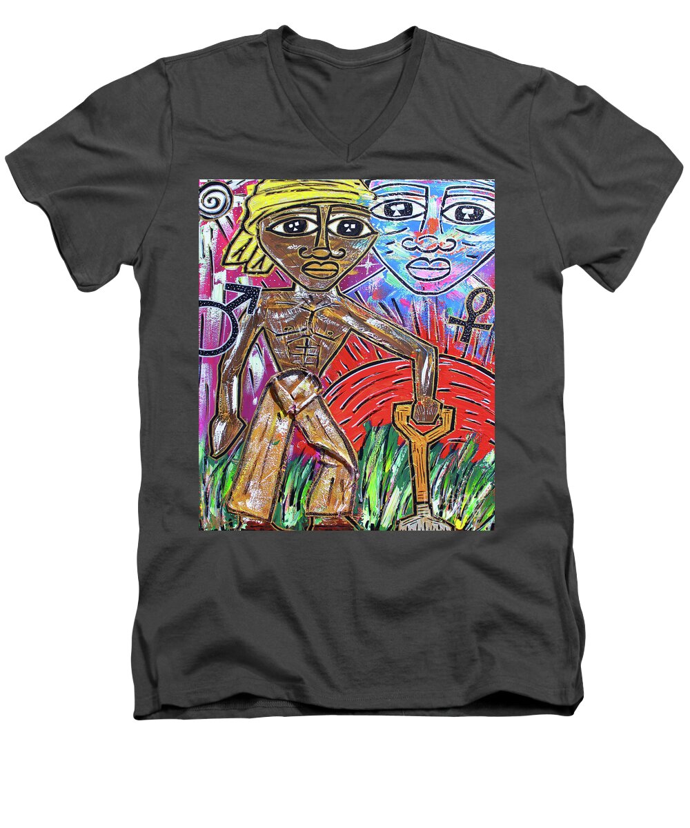  Men's V-Neck T-Shirt featuring the painting Divine Unions by Odalo Wasikhongo