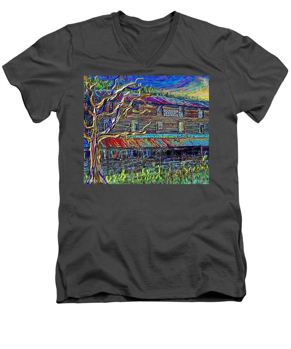 Floyd Virginia Men's V-Neck T-Shirt featuring the painting Dodds Creek Mill, ,Floyd Virginia by Hidden Mountain