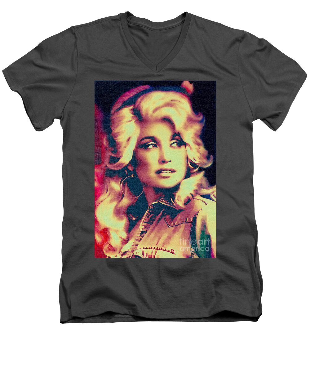 Dolly Parton Men's V-Neck T-Shirt featuring the painting Dolly Parton - Vintage Painting by Ian Gledhill