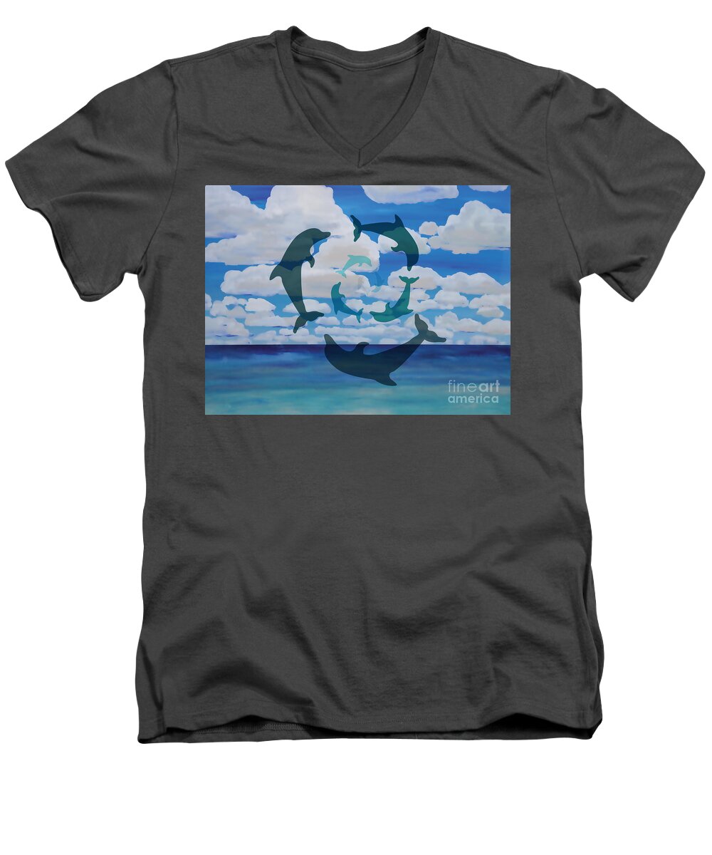 Dolphins Men's V-Neck T-Shirt featuring the digital art Dolphin Cloud Dance by Shelley Myers