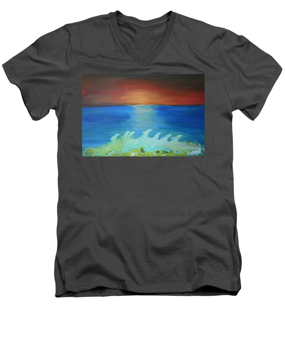 Dolphins Men's V-Neck T-Shirt featuring the painting Dolphin Waves by Alma Yamazaki
