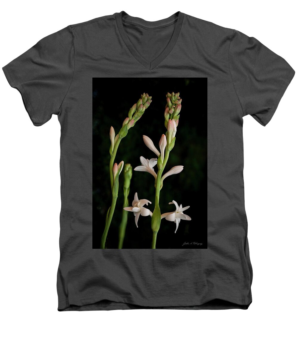 Tuberose Men's V-Neck T-Shirt featuring the photograph Double Tuberose in Bloom #2 by John A Rodriguez