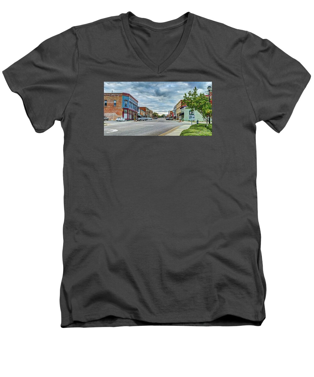Hamlet Men's V-Neck T-Shirt featuring the photograph Downtown Hamlet by Mike Covington