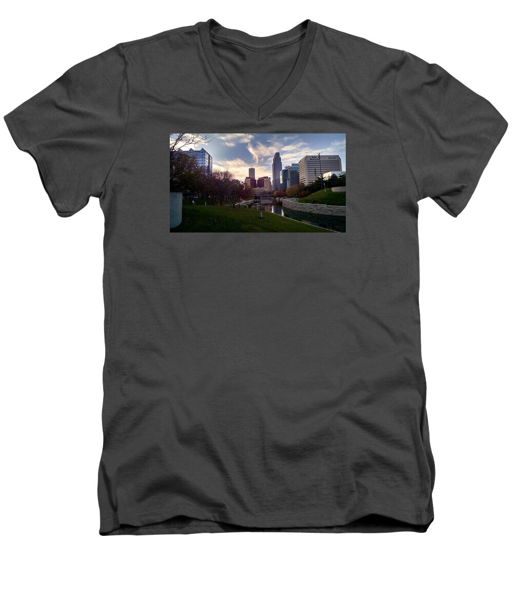 Omaha Men's V-Neck T-Shirt featuring the photograph Downtown Omaha by Mike Dunn