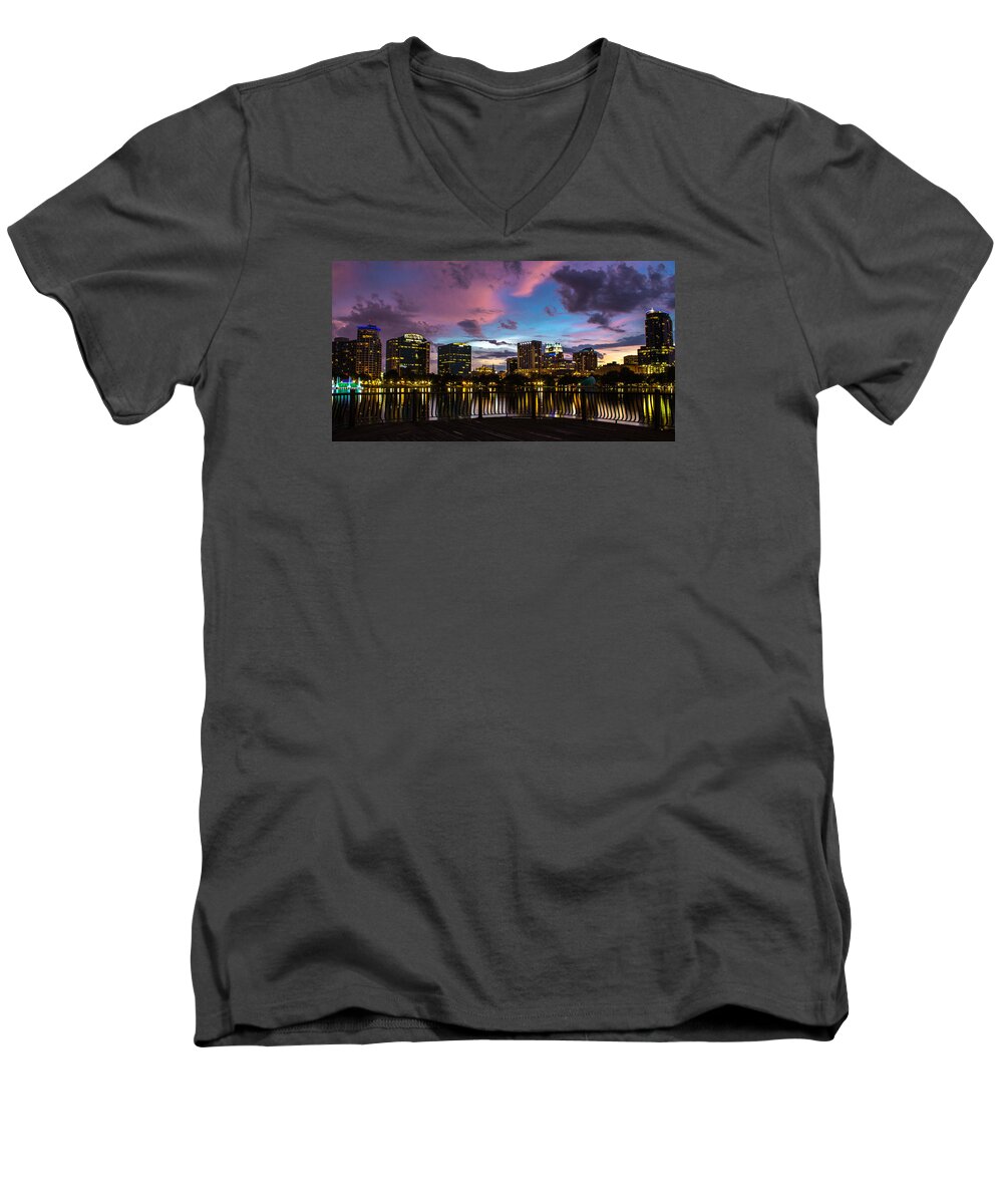 Skyline Men's V-Neck T-Shirt featuring the photograph Downtown Orlando by Mike Dunn