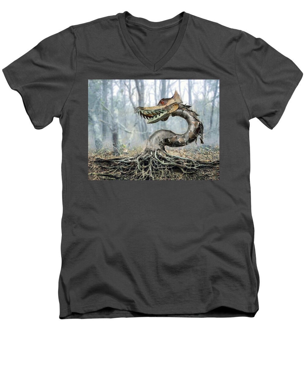 Dragon Men's V-Neck T-Shirt featuring the digital art Dragon Root by Rick Mosher