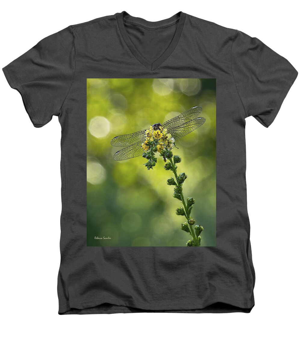 Dragonfly Men's V-Neck T-Shirt featuring the photograph Dragonfly Flower by Rebecca Samler