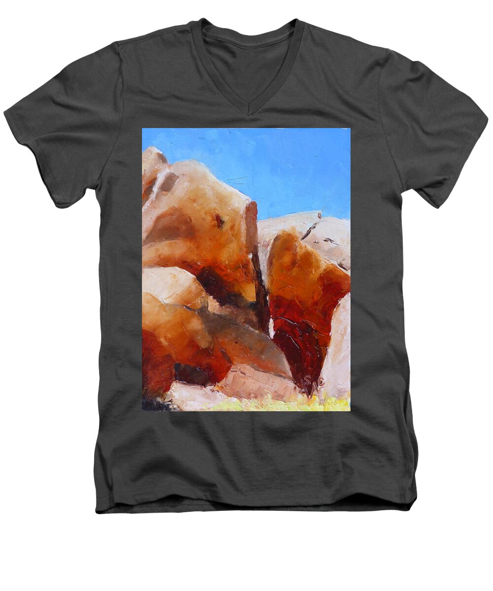 Landscape Men's V-Neck T-Shirt featuring the painting Dragoon Boulders by Susan Woodward
