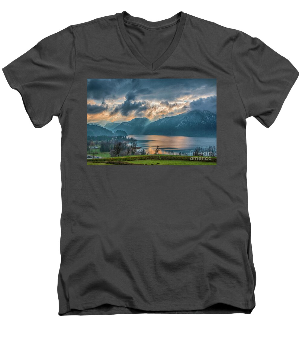 Art Photography Men's V-Neck T-Shirt featuring the photograph Dramatic sunset over Mondsee, Upper Austria by Jivko Nakev