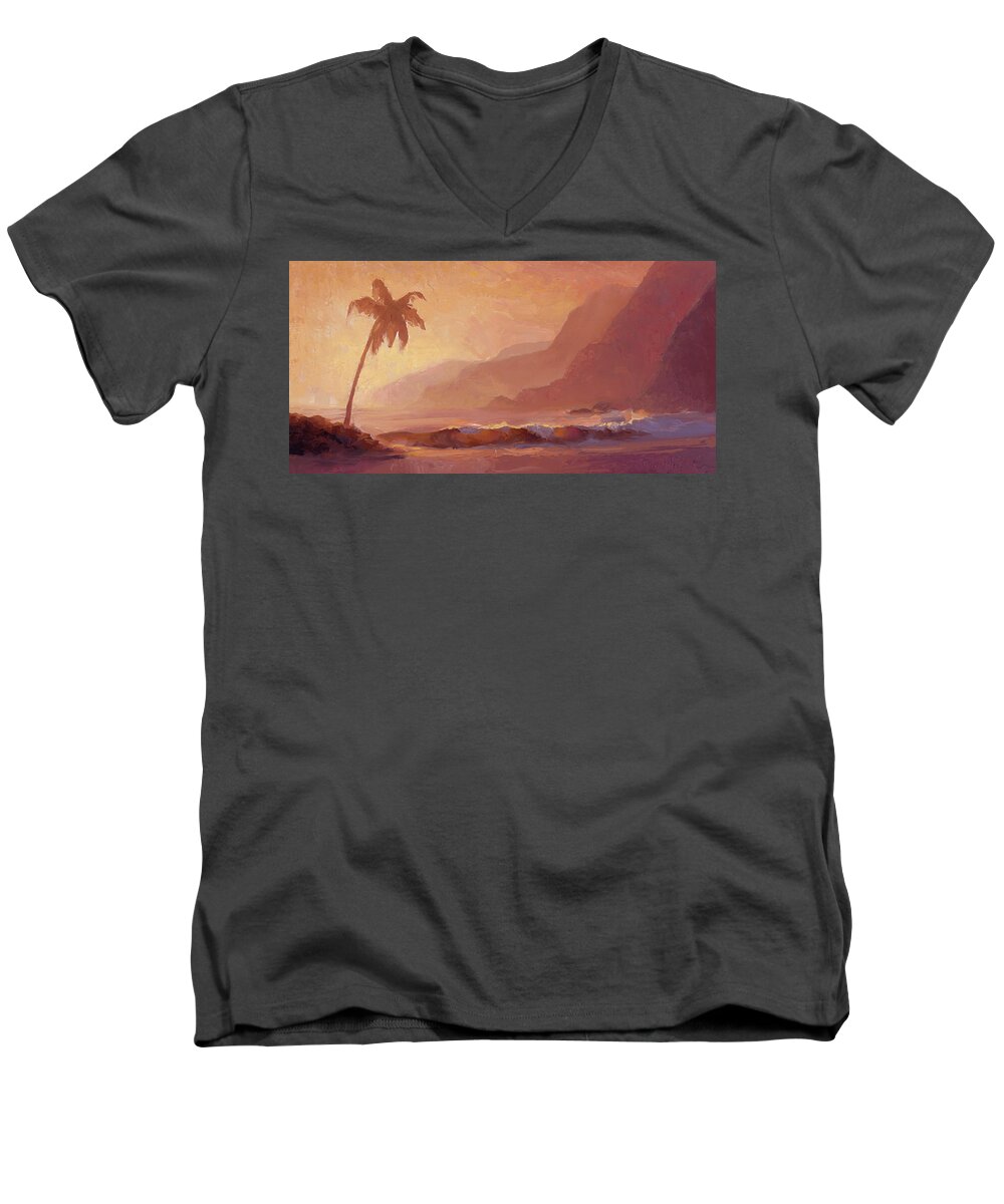 Hawaiian Palm Tree Landscape Men's V-Neck T-Shirt featuring the painting Dreams of Hawaii - Tropical Beach Sunset Paradise Landscape Painting by K Whitworth