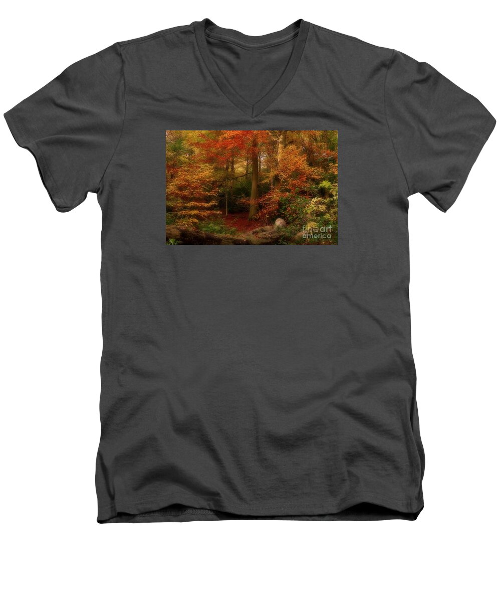 Autumn Leaves Men's V-Neck T-Shirt featuring the photograph Dreamy Forest Glade in Fall by Martyn Arnold
