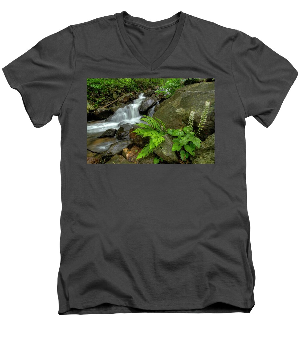 Appalachia Men's V-Neck T-Shirt featuring the photograph Dreamy Waterfall Cascades by Debra and Dave Vanderlaan