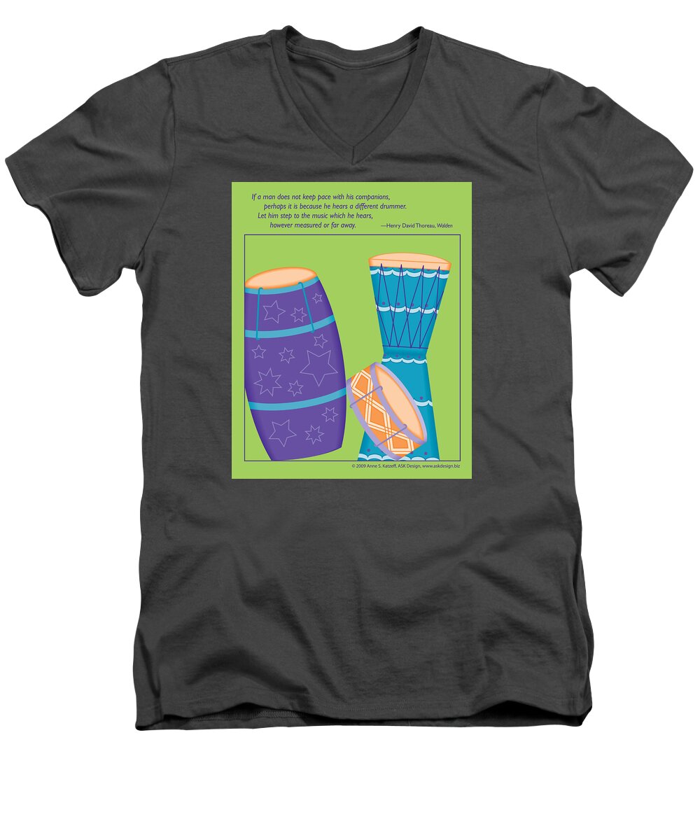 Keep Pace With His Companions Men's V-Neck T-Shirt featuring the digital art Drums - Thoreau Quote by Anne Katzeff