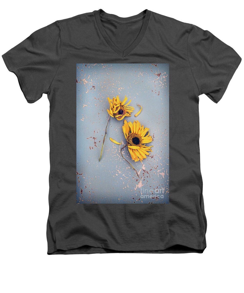 Flowers Men's V-Neck T-Shirt featuring the photograph Dry Sunflowers on Blue by Jill Battaglia