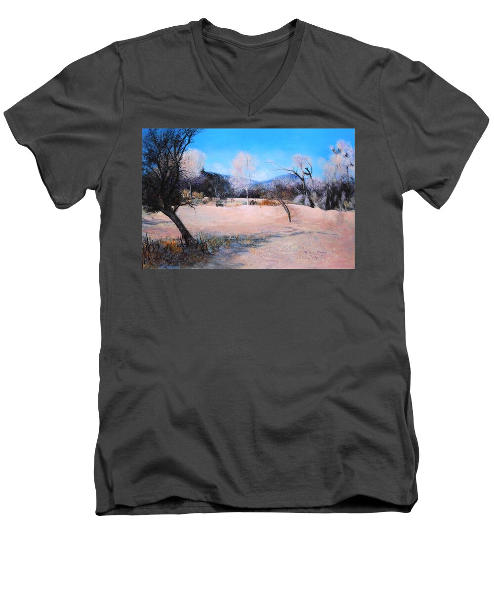 Tucson Men's V-Neck T-Shirt featuring the painting Dry Wash In Winter by M Diane Bonaparte