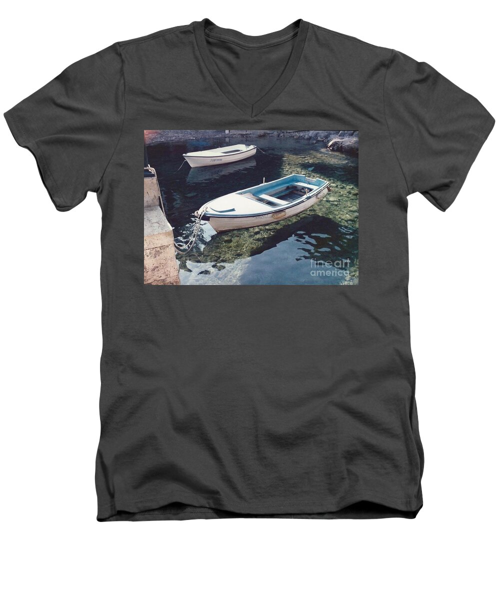 Boats Water Calm Floating Men's V-Neck T-Shirt featuring the photograph Dubrovnik Boats by J Doyne Miller