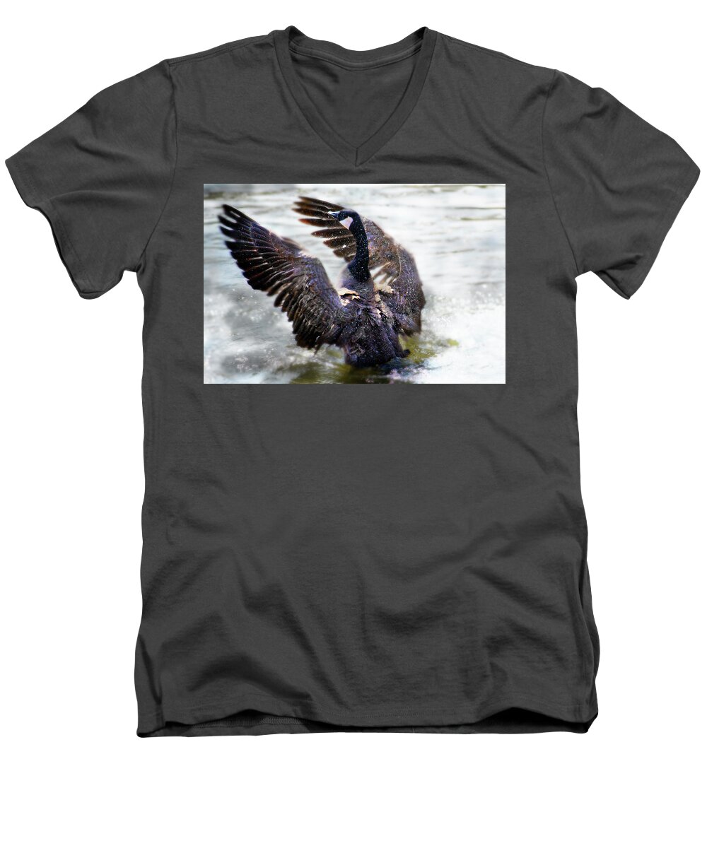 Duck Men's V-Neck T-Shirt featuring the digital art Duck Conductor by Brad Thornton