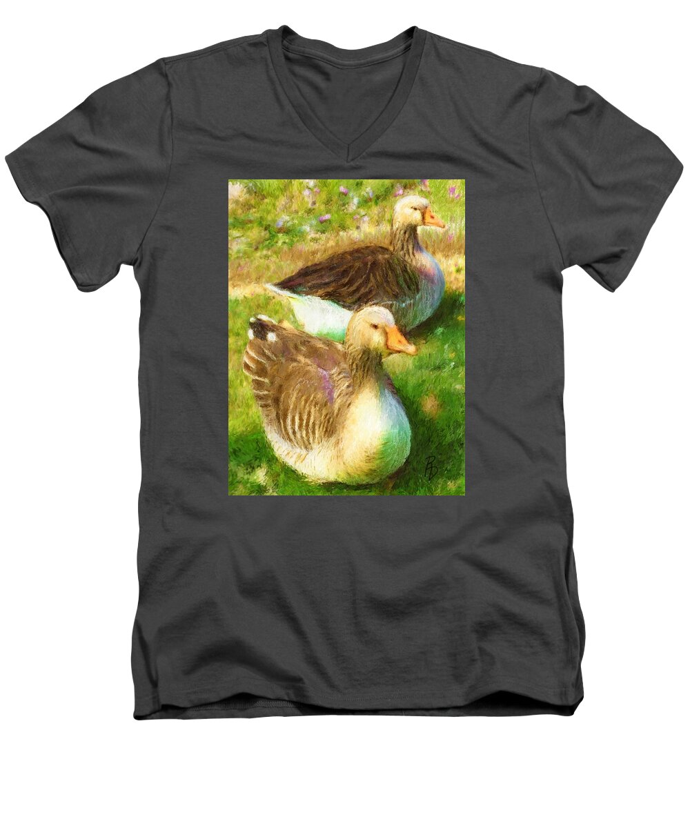 Geese Men's V-Neck T-Shirt featuring the digital art Gandering Geese by Ric Darrell
