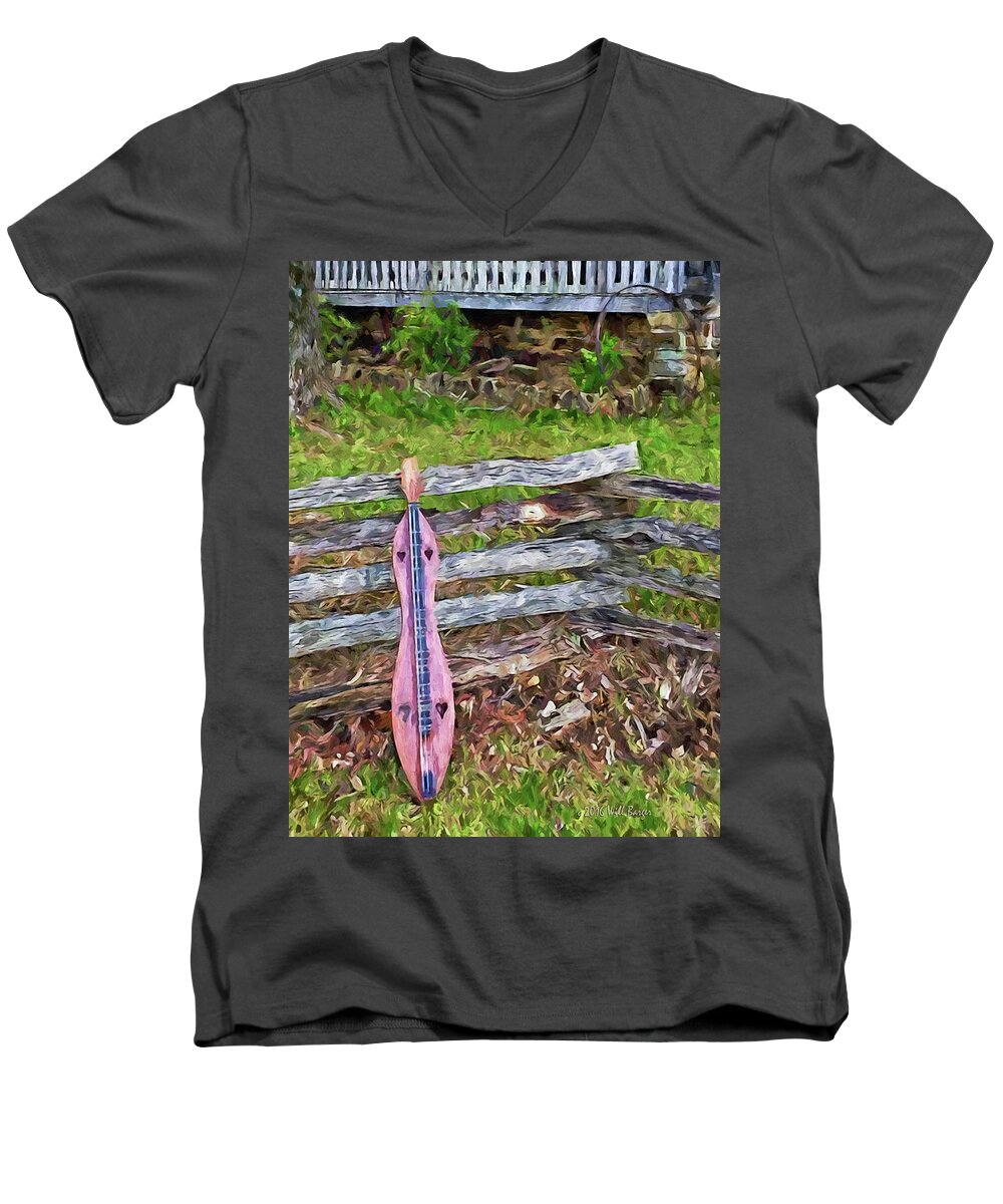 Music Men's V-Neck T-Shirt featuring the painting Dulcimer on a Fence Nbr 1H by Will Barger