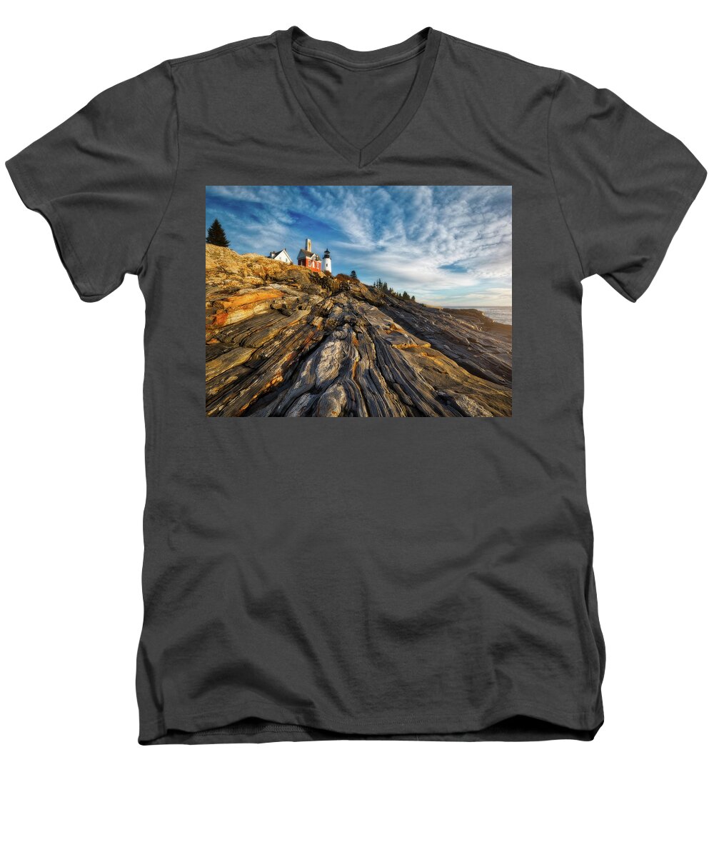 Clouds Men's V-Neck T-Shirt featuring the photograph Early Morning At Pemaquid Point by Darren White
