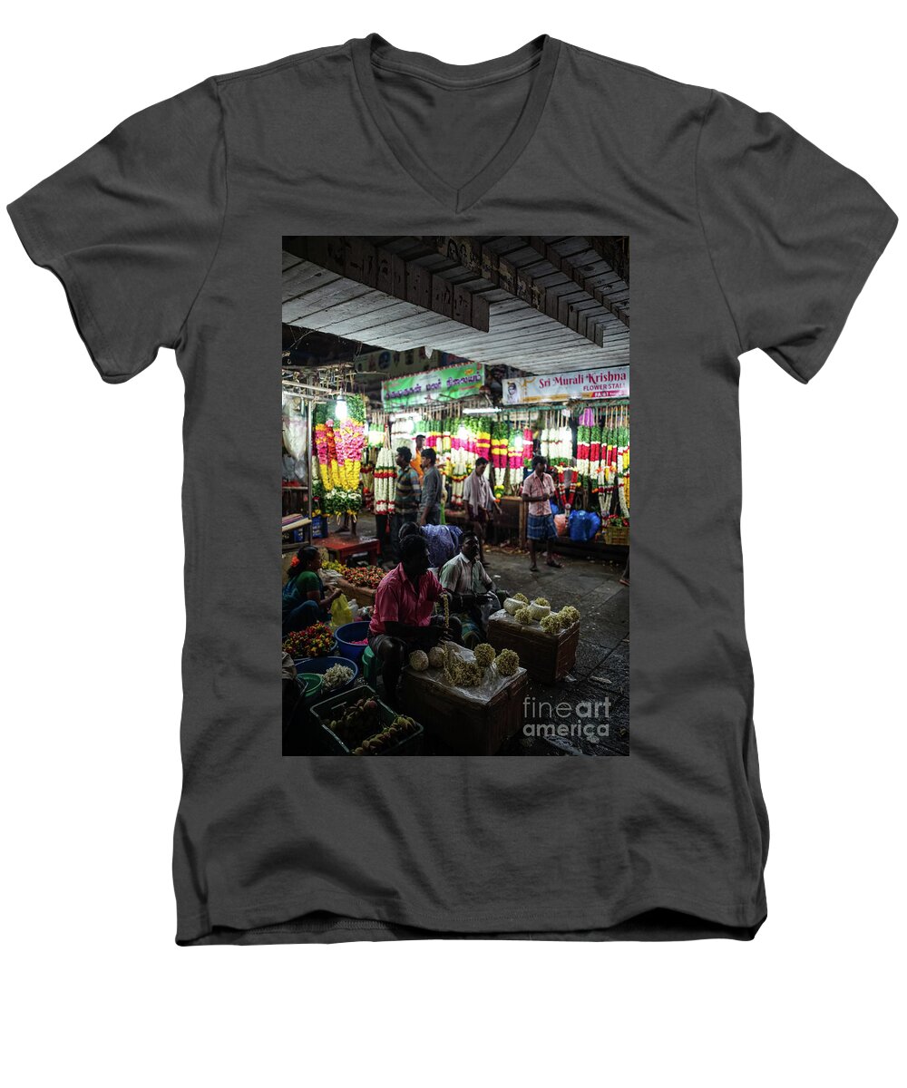 India Men's V-Neck T-Shirt featuring the photograph Early Morning Koyambedu Flower Market India by Mike Reid