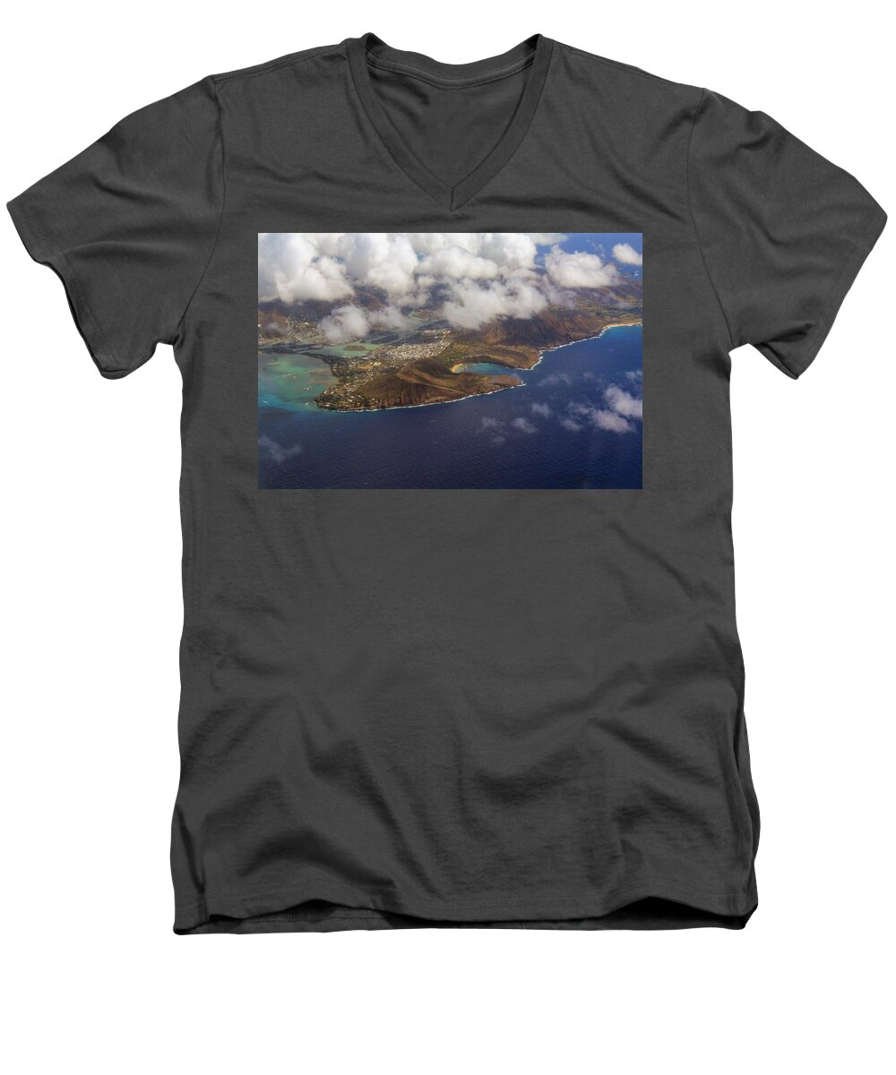 Jennifer Bright Art Men's V-Neck T-Shirt featuring the photograph East Oahu from the Air by Jennifer Bright Burr