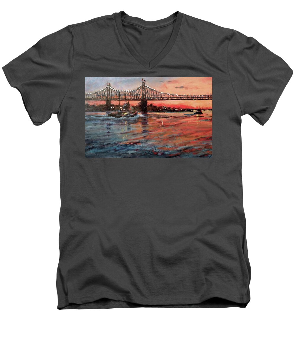 Urban Landscape Men's V-Neck T-Shirt featuring the painting East River Tugboats by Peter Salwen